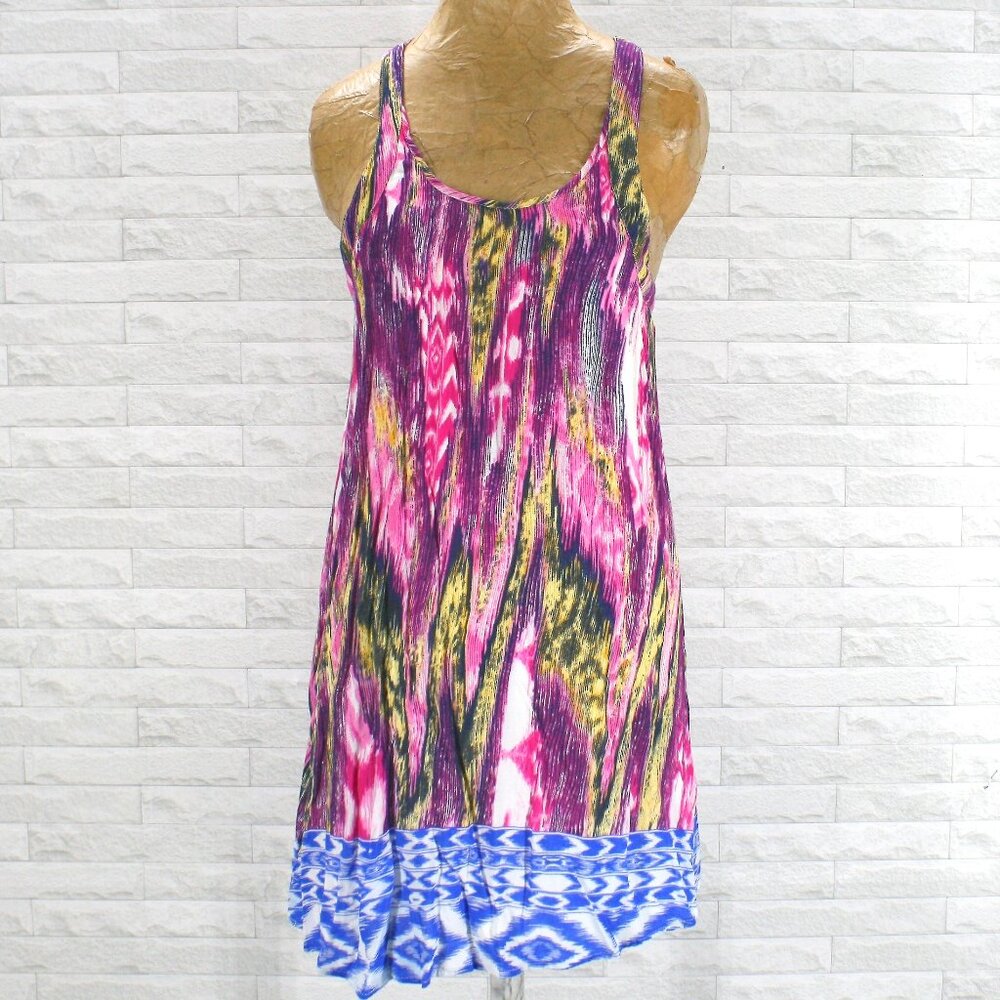ENTRO Dress Tie Dye Animal Print Lace Up Back Summer Flowy Tunic Pink Small